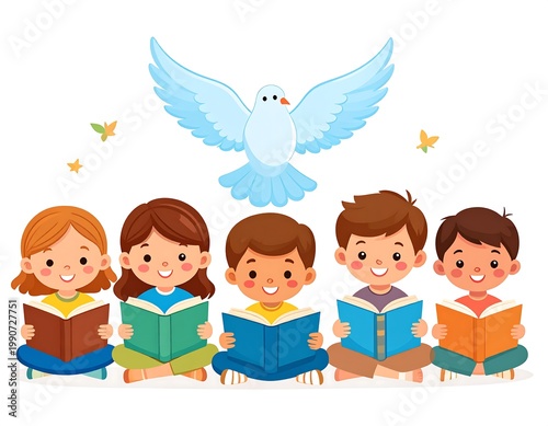 Children reading books, peace dove above