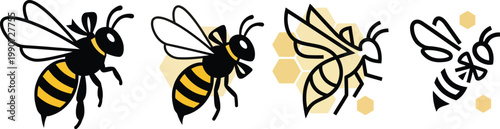 Four icon variations bee design in hexagon, alternating color, simple illustration
