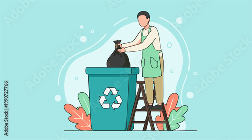 Person putting trash bag into recycling bin, waste management concept