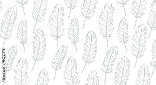 A seamless pattern of delicate grey feather outlines on a white background