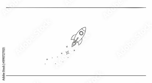 Simple line drawing of a rocket ship blasting off into space with stars trailing behind on a white background.
