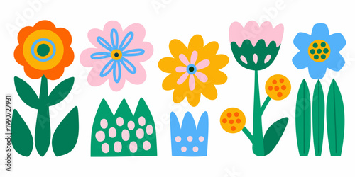 A colorful row of stylized folk art inspired flowers and leaves
