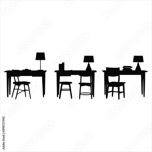 A minimalist office setup with three desks and chairs in a row