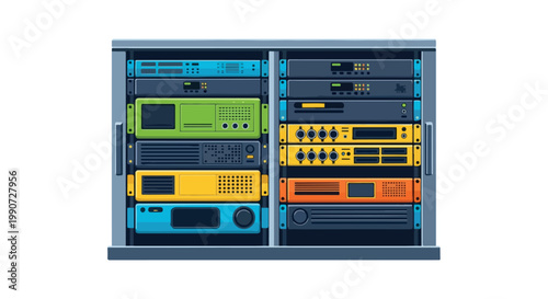 Colorful network server racks with various hardware components