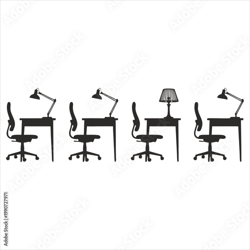 A row of office desks with chairs and lamps on a white background