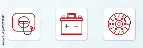 Set line Car brake disk with caliper, Oil filler cap at gas station and battery icon. Vector