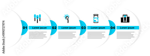 Set line Medical hospital building, Medicine bottle and pills, Flower producing pollen and Wheat icon. Vector