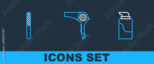 Set line Cream cosmetic tube, Nail file and Hair dryer icon. Vector