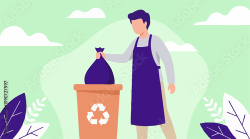 Man disposing of waste in recycling bin, promoting environmental sustainability