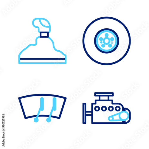 Set line Car engine, Windscreen wiper, brake disk and Gear shifter icon. Vector