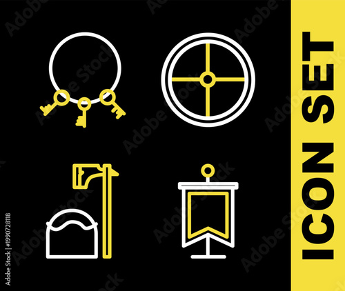 Set line Round wooden shield, Medieval flag, Executioner axe in tree block and Old keys icon. Vector