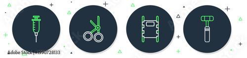 Set line Medical scissors, Stretcher, Syringe and Neurology reflex hammer icon. Vector