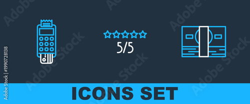Set line Stacks paper money cash, POS terminal with credit card and Consumer or customer product rating icon. Vector