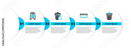 Set line Trash can, Sponge with bubbles, and garbage bag and Wet floor cleaning in progress icon. Vector