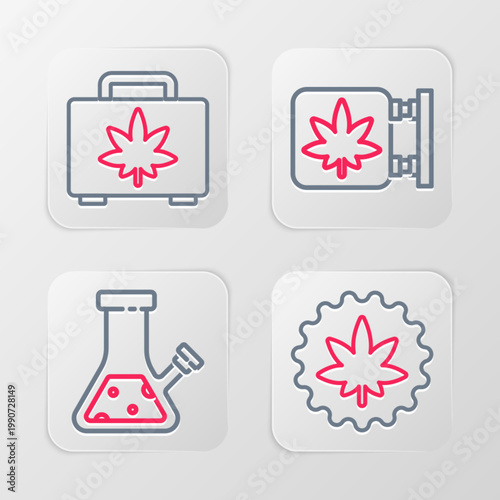 Set line Marijuana or cannabis leaf, Glass bong for smoking, and store and Shopping box of marijuana icon. Vector