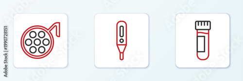 Set line Test tube with blood, Surgery lamp and Medical digital thermometer icon. Vector