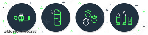 Set line Pepper spray, Paw print, Sniper optical sight and Bullet and cartridge icon. Vector