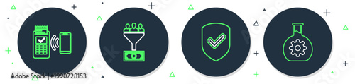 Set line Lead management, Shield with check mark, POS terminal and Bioengineering icon. Vector