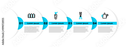 Set line Watering can, Gardening handmade scissors, Carrot and fence wooden icon. Vector
