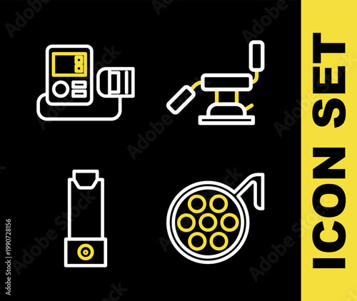 Set line Medical dental chair, Surgery lamp, Inhaler and Blood pressure icon. Vector