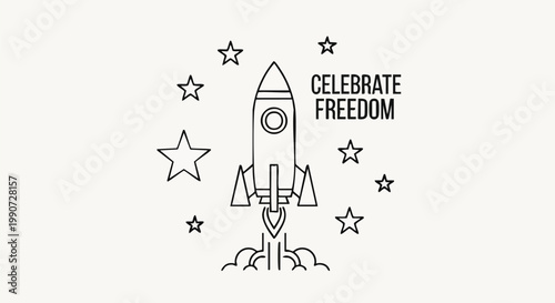 Black line drawing of a rocket ship blasting off with stars and the words 'CELEBRATE FREEDOM' on a white background.
