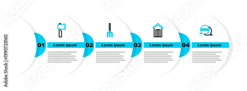 Set line Speech bubble with Farm, Wooden outdoor toilet, Garden pitchfork and axe icon. Vector