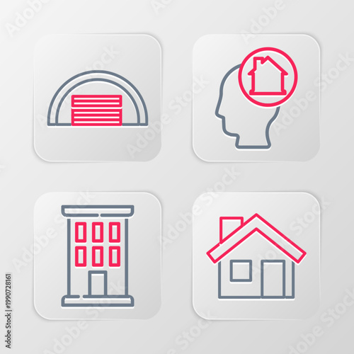 Set line House, Man dreaming about buying house and Garage icon. Vector