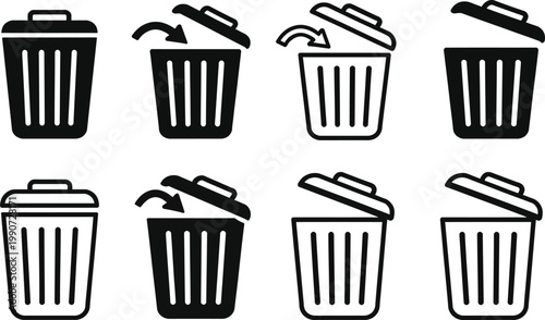 Trash bin line art vector icon set with garbage containers and wheeled waste bins isolated on white
