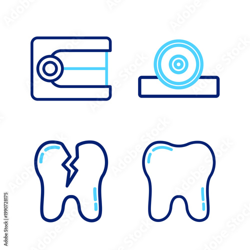 Set line Tooth, Broken tooth, Otolaryngological head reflector and Dentures model icon. Vector