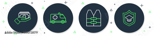 Set line Emergency car, Life jacket, Stacks paper money cash and Graduation cap with shield icon. Vector