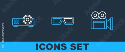 Set line Cinema camera, Media projector and 3D cinema glasses icon. Vector