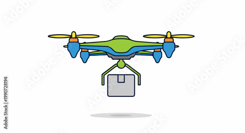 A quadcopter drone carrying a delivery package in mid-air