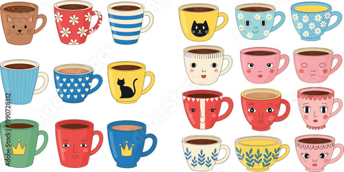 Cute Character Coffee Mug Collection with Animal Faces Floral Patterns and Decorative Cups Set for Kitchen Decor, Cafe Branding, and Beverage Illustration Design