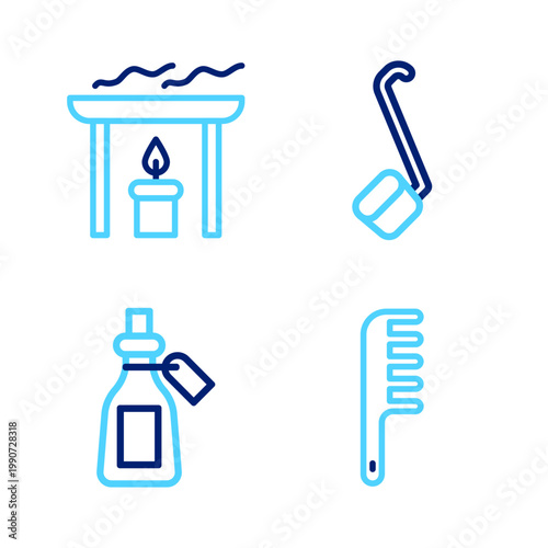 Set line Hairbrush, Essential oil bottle, Sauna ladle and Aroma candle icon. Vector