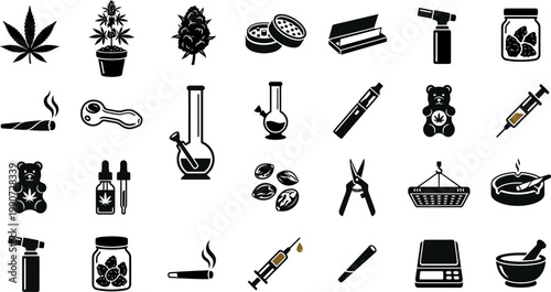 Collection of fifteen black cannabis-related icons, including a leaf, plant, bud, grinder, rolling papers, joint, pipe, bong, vape, edible, oil, seed, shears, grow light, and ashtray.