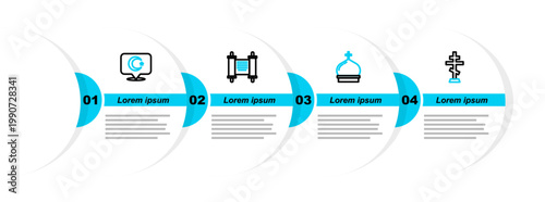 Set line Christian cross, Church tower, Decree, paper, parchment, scroll and Star and crescent icon. Vector