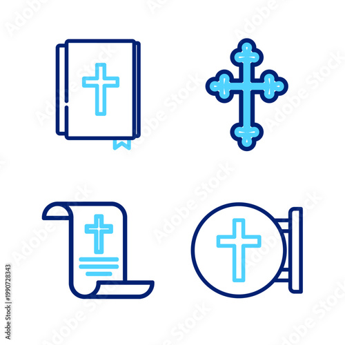 Set line Christian cross, Decree, paper, parchment, scroll, and Holy bible book icon. Vector