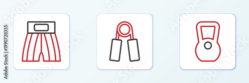Set line Kettlebell, Boxing short and Sport expander icon. Vector