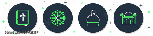 Set line Dharma wheel, Muslim Mosque, Holy bible book and icon. Vector