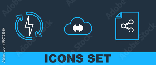 Set line Share file, Recharging and Music streaming service icon. Vector