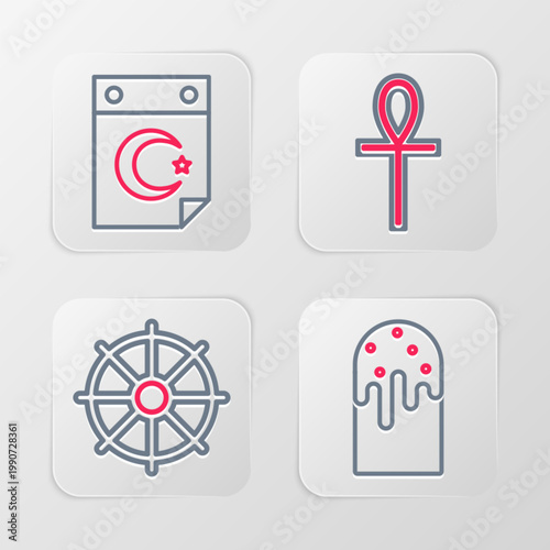Set line Easter cake, Dharma wheel, Cross ankh and Star and crescent icon. Vector