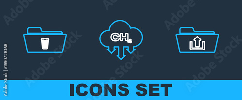 Set line Folder upload, Delete folder and Methane emissions reduction icon. Vector