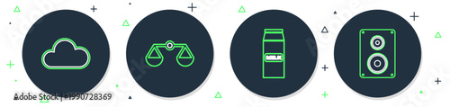 Set line Scales of justice, Paper package for milk, Cloud and Stereo speaker icon. Vector