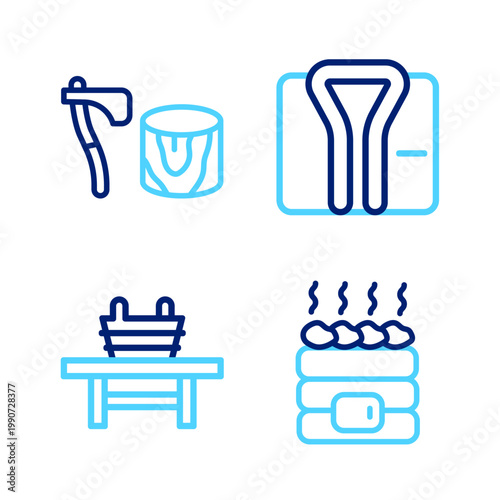 Set line Hot sauna stones, Sauna bench with bucket, Bathrobe and Wooden axe in stump icon. Vector