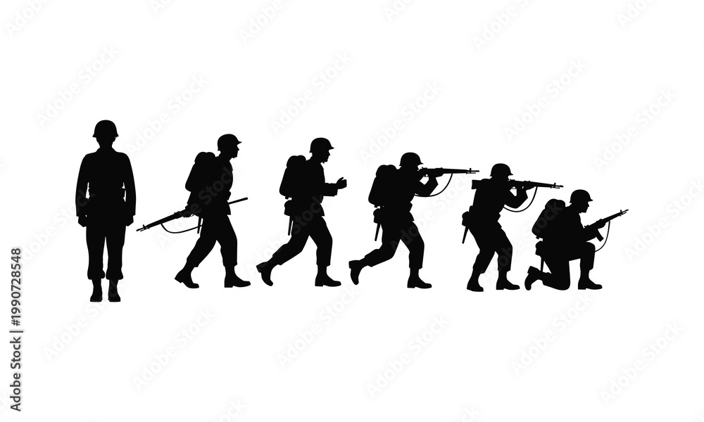 Obraz premium Silhouettes of soldiers progressing through various stages of combat readiness.