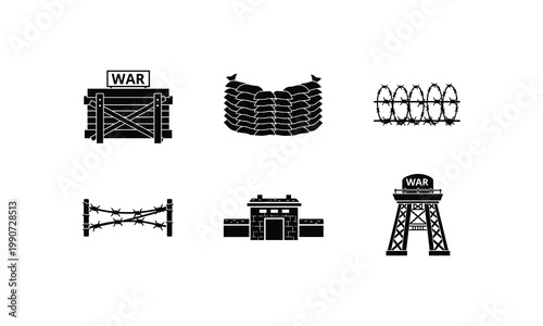 Graphic depictions of war-related barriers and obstacles in black and white