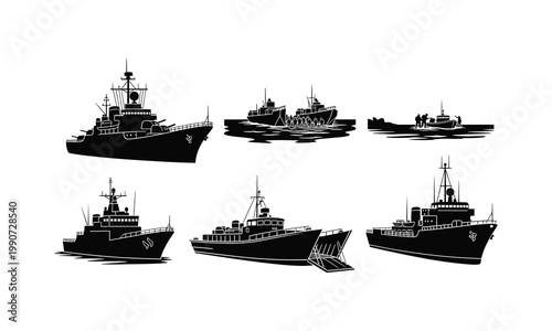 Six distinctive types of maritime vessels illustrated in black and white silhouette
