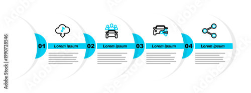Set line Share, Car sharing, and Cloud download music icon. Vector