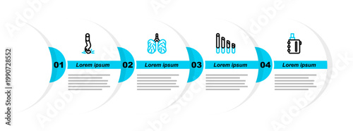 Set line Electronic cigarette, Smoking, Disease lungs and Cigarette butt icon. Vector