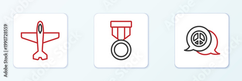 Set line Peace, Plane and Military reward medal icon. Vector